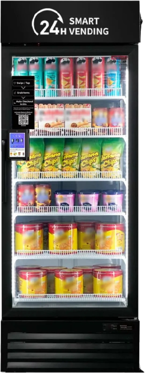 A Chippy smart vending cooler, stocked with snacks and drinks, with a card reader and touchscreen on the door